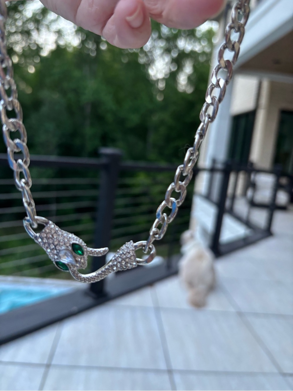Silver-Tone Chain Snake/Serpent Necklace with Crystal Details and Green Eyes - Picture 6 of 6
